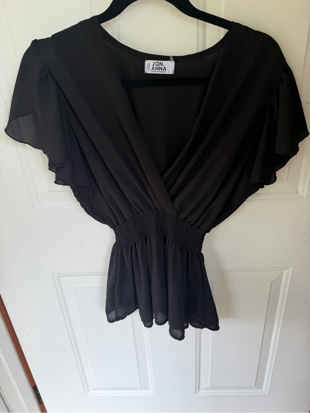 Jon & Anna Black Chiffon Flutter Sleeve Smocked Peplum Blouse L